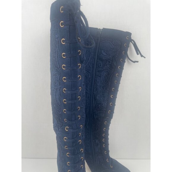 Knee-High Navy Blue Lace-Up High Boots Sz 7 Stiletto & Side Zipper Goth Witchy - Picture 2 of 16